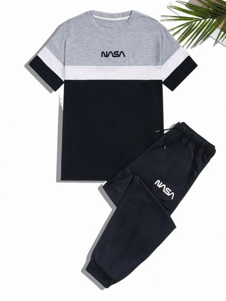 

men letter graphic color block tee & drawstring sweatpants e16l#, Gray