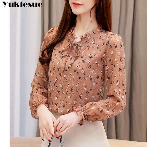

spring new arrival women and blouses elegant chiffon blouse floral bow collar long sleeve chemisier femme 210412, White
