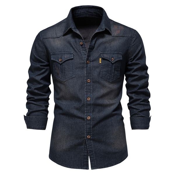 AIOPESON Marka Elastik Pamuk Denim Gömlek Erkekler Uzun Kollu Kalite Kovboy Gömlek Casual Slim Fit S Tasarımcı Giyim Için 220323