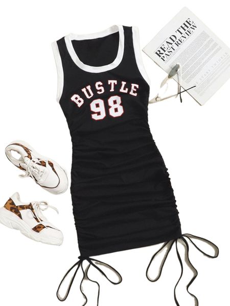 

letter graphic contrast binding drawstring side dress t2ok#, Black;gray