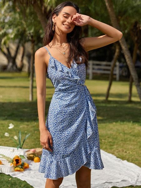 

ditsy floral ruffle trim wrap knot side cami dress r1c1#, Black;gray