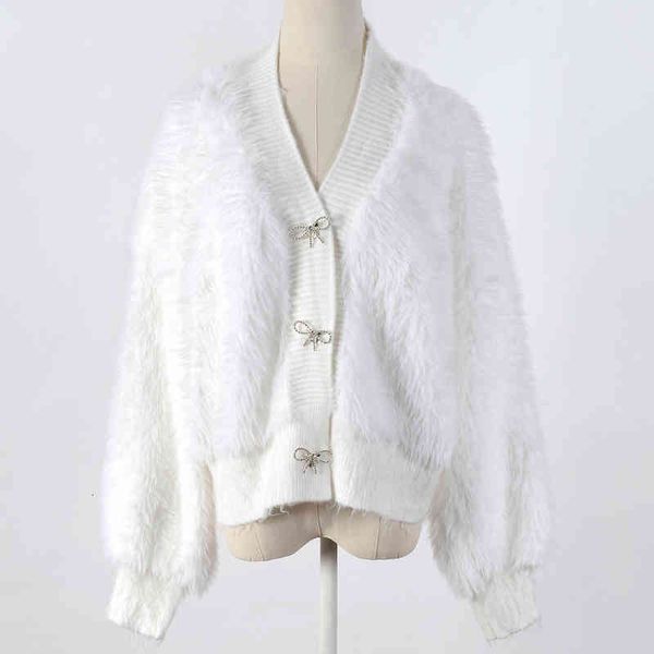 

women's knits tees gentle wind sweet bow button mink coat early spring age reducing bat sleeve cardigan 1kjw, White