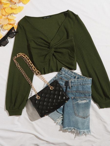 

twist front rib-knit solid w06i#, White