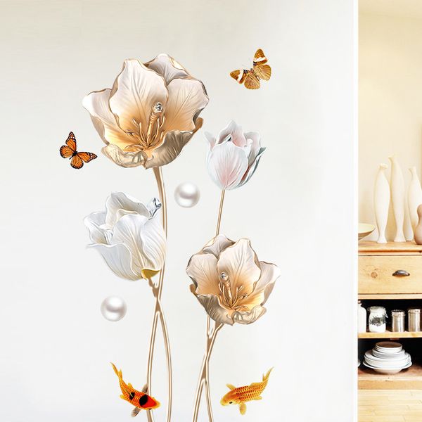 Grandi tulipani adesivi da parete fiori fiori carta da parati farfalle soggiorno decorazione camera da letto grandi decalcomanie da parete per parete 3d