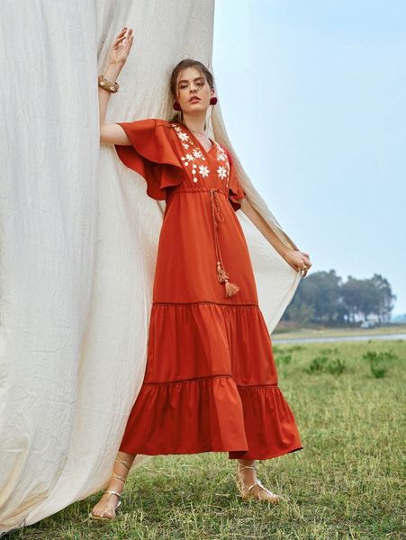 

floral embroidery butterfly sleeve tassel drawstring dress y7y8#, Black;gray