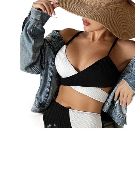 

two tone wrap cross tie back bikini swimsuit s7wk#, White;black