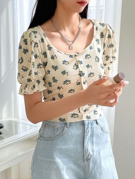 

dazy allover floral print button front tee u07o#, White