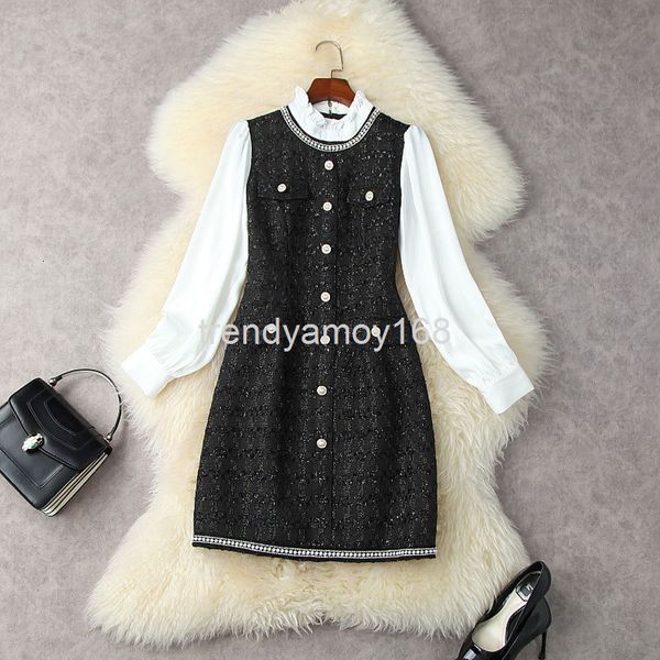 

casual dresses autumn and winter women's wear fungus edge nail bead lantern sleeve bright silk tweed a-word celebrity temperament dress, Black;gray
