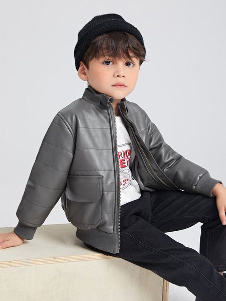 

toddler boys zip up flap pocket pu leather jacket she, Blue;gray