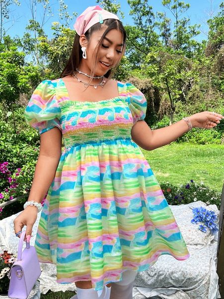 

plus allover print shirred square neck frill trim puff sleeve dress z9ht#, Black