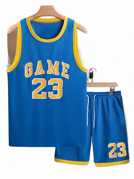 

men letter graphic contrast binding basketball jersey set h9qc#, Gray