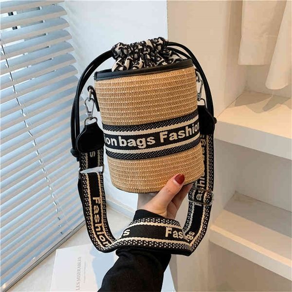 

wide shoulder bag women's 2022 new fashion color contrast straw bucket bag popular woven one shoulder messenger bag 50% off factory onl