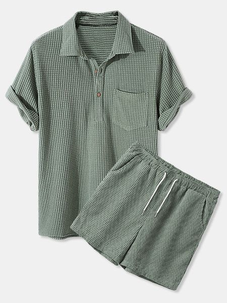 

men outfit set 2022 summer men's casual loose waffle corduroy short-sleeved shorts suit casual sports 2-piece set 0617, Gray