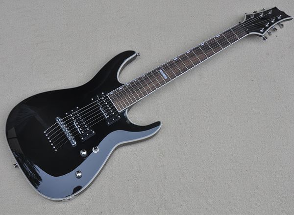 

7 strings black electric guitar with rosewood fretboard