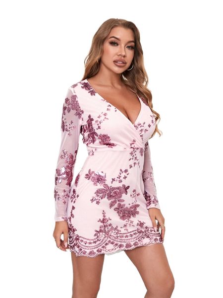 

d& surplice neck sheer mesh sleeve floral sequin dress 095e#, Black;gray