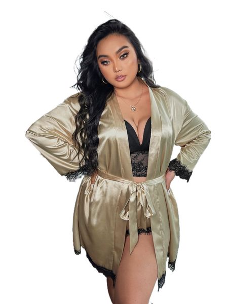 

plus 3pcs contrast lace belted satin robe set j0ts#, Black;white