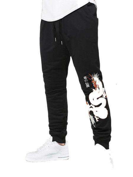 

men japanese letter & dragon graphic drawstring waist sweatpants j8nb#, Black