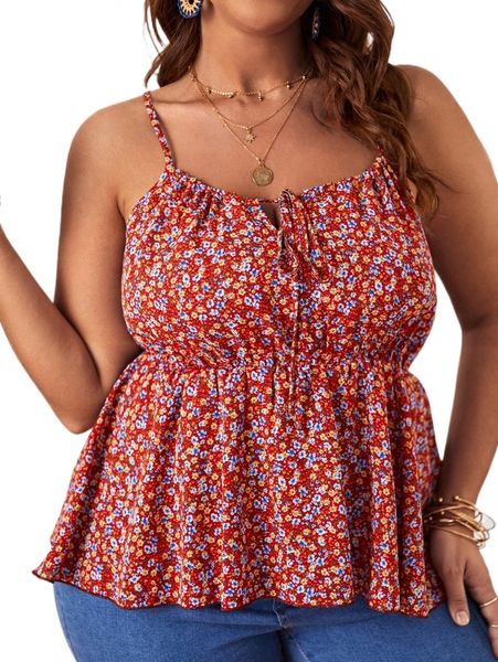 

plus ditsy floral tie front peplum cami x2c3#, Black
