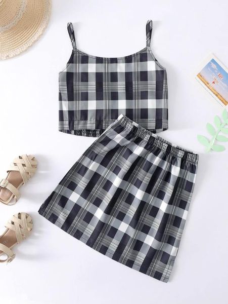 

girls gingham shirred back cami & skirt she, White