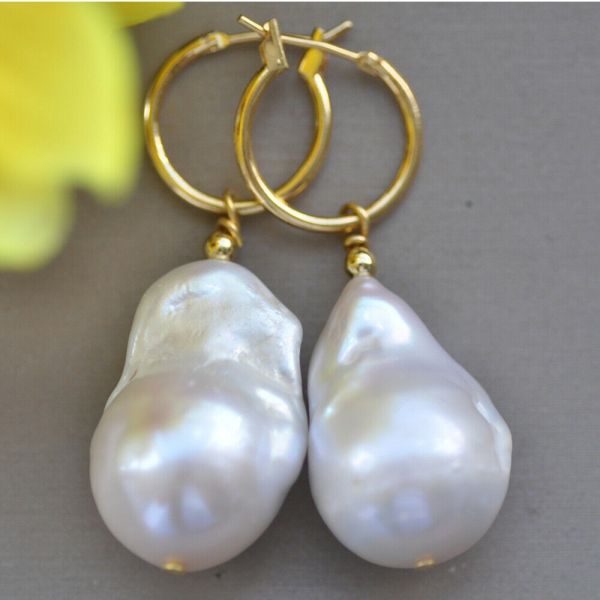 

25mm white baroque drop keshi pearl gold plating hanging earrings, Silver