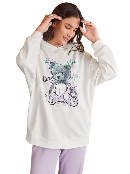 

drop shoulder letter & bear print hoodie o17i#, Black