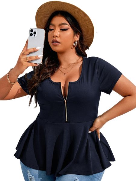 

plus half zip ruffle hem tee n4gy#, Black