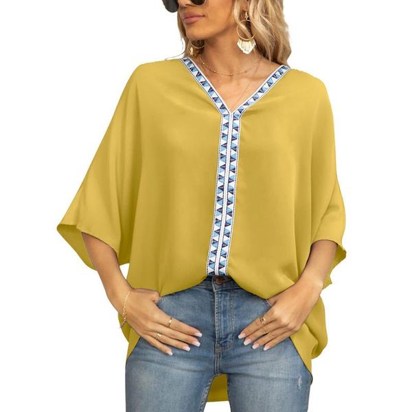 Blouses feminina camisas de verão solto de decote em vil de cor de chiffon ladra de batalha de batalha curta costura casual casual topwomen's wildwomen's