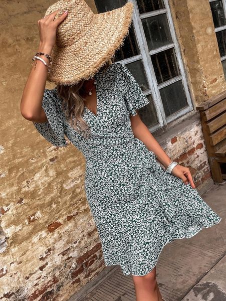 

ditsy floral print wrap knot side dress a1uh#, Black;gray