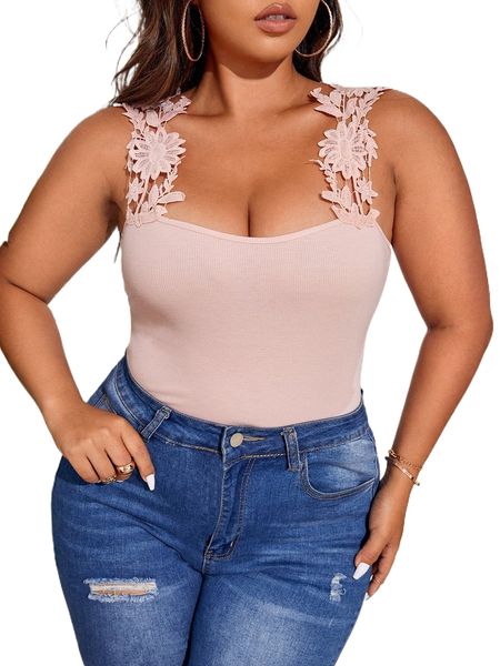 

plus guipure lace appliques cami 75hl#, Black