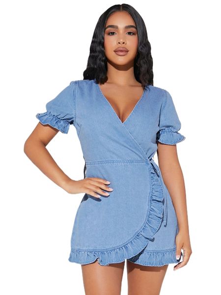 

petite puff sleeve knot side ruffle trim wrap denim dress d9oh#, Black;gray