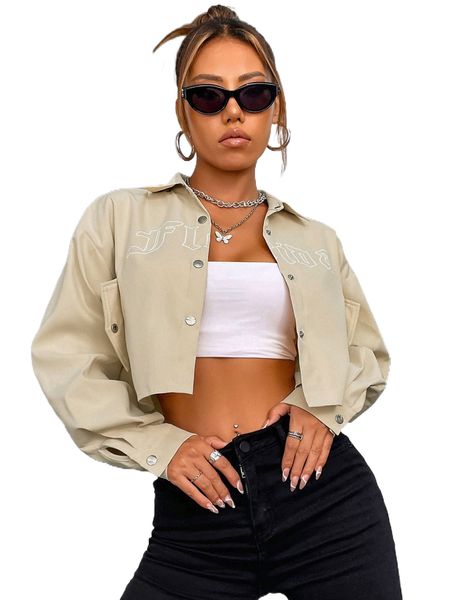 

letter graphic button front drop shoulder shirt d6c1#, White