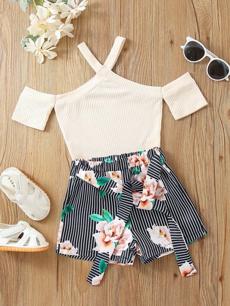 

toddler girls cold shoulder tee & striped & floral print belted shorts she, White