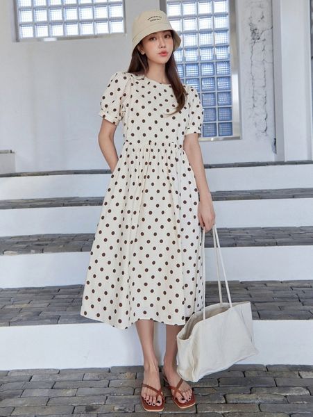 

dazy polka dot puff sleeve dress x6oc#, Black;gray