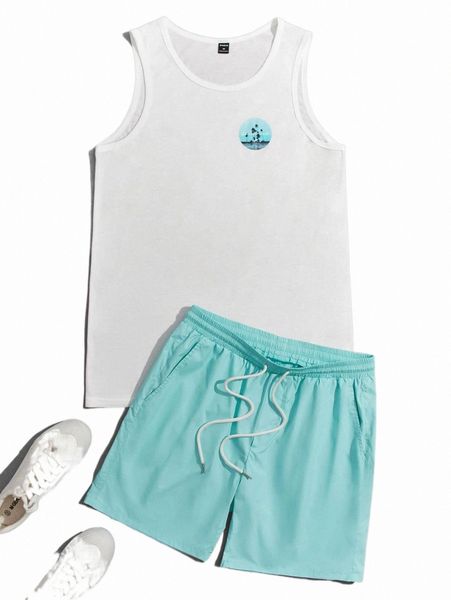 

men letter & palm tree print tank & drawstring waist shorts y0cp#, Gray