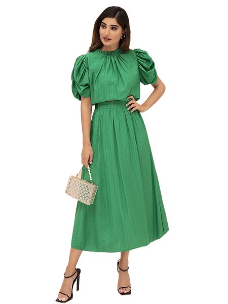 

modely ruched puff sleeve frill neck & a-line skirt g4yb#, White