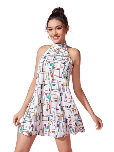 

x westinwalker geo print halter neck tie back tank dress 89fo#, Black;gray