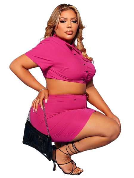 

sxy plus solid flap detail crop shirt & bodycon skirt i7oe#, Black