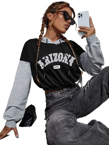 

letter graphic color block drop shoulder drawstring crop hoodie w2x1#, Black