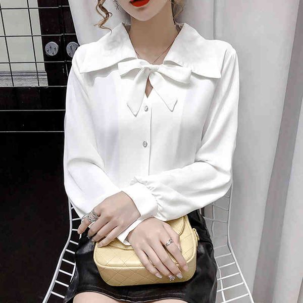 

qoerlin elegant ol shirt women work shirts long sleeve bowtie blouse single breasted women black blusas feminina plus size 210412, White
