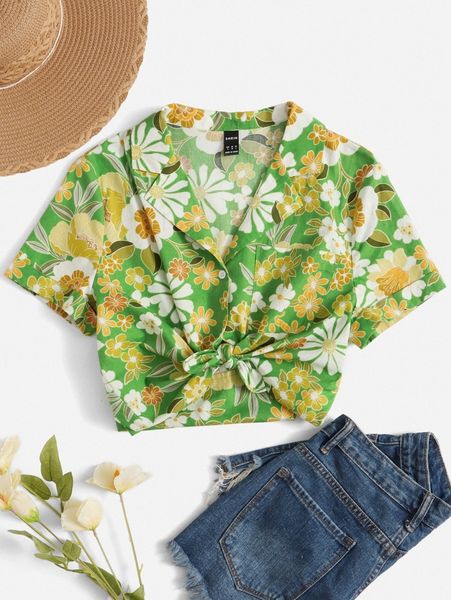 

lapel neck floral print patched pocket crop blouse g9gt#, White