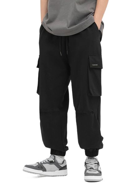 

men flap pocket drawstring waist cargo pants u4ep#, Black