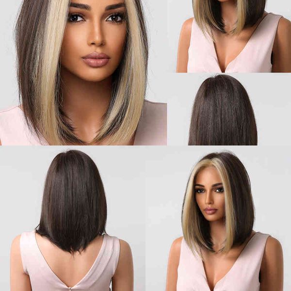 ASSIMENTO SINTÉTICA EASIHAIR Parte média Fringe Short reta Bob Brown Blonde para mulheres Cabelos naturais resistentes ao calor Cosplay 220622