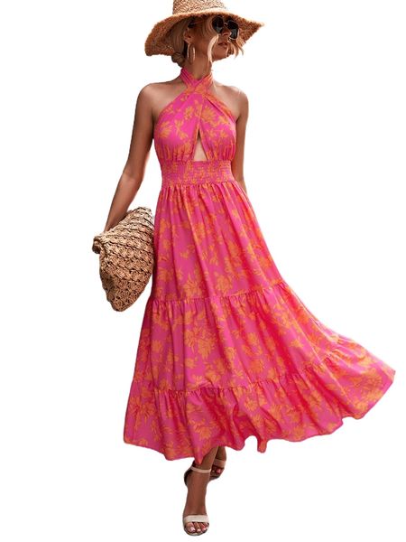 

floral print shirred waist ruffle hem tie backless halter dress g1pe#, Black;gray