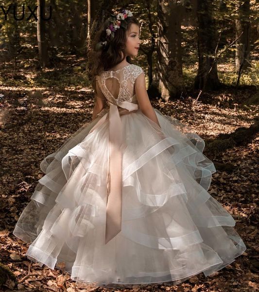 Lace Tulle Flower Girl Bögen Kinder Erste Kommunion Prinzessin Ballkleid Hochzeit Kleid Kleid 2-14 Jahre Kleinkind Festzugskleider 403