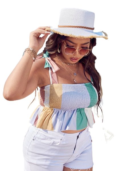 

plus color block shirred peplum tie shoulder crop cami o9wy#, Black