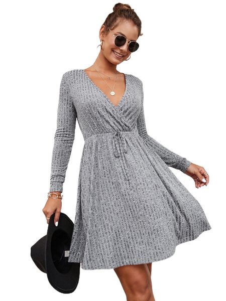 

marled knit surplice neck knot front dress t6r2#, Black;gray