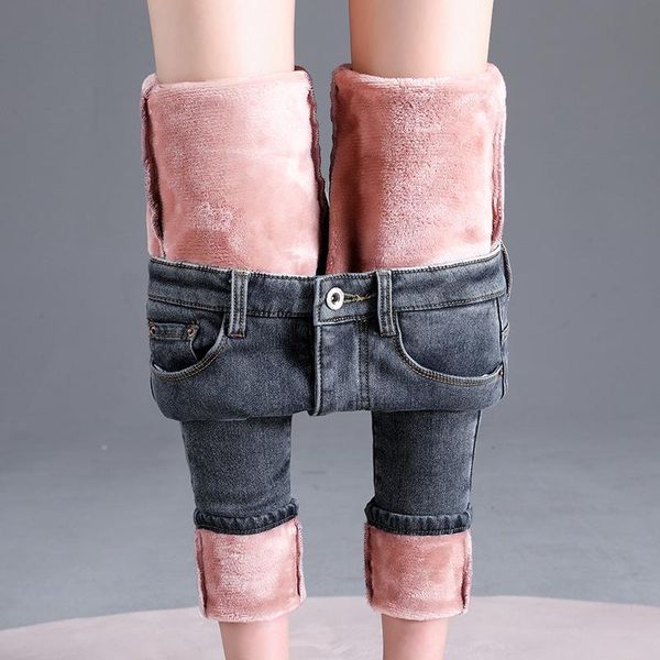 Jeans femininos estas de inverno flan fit mulheres mulheres selvagens cor sólida alongamento de cintura alta, mantenha calças de jeans quentes