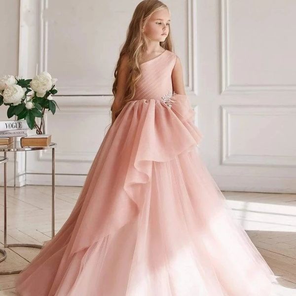 

stunning flower girl dress pink tulle one shoulder a line style girls party birthday gown first communion dress size 2-14y, White;red