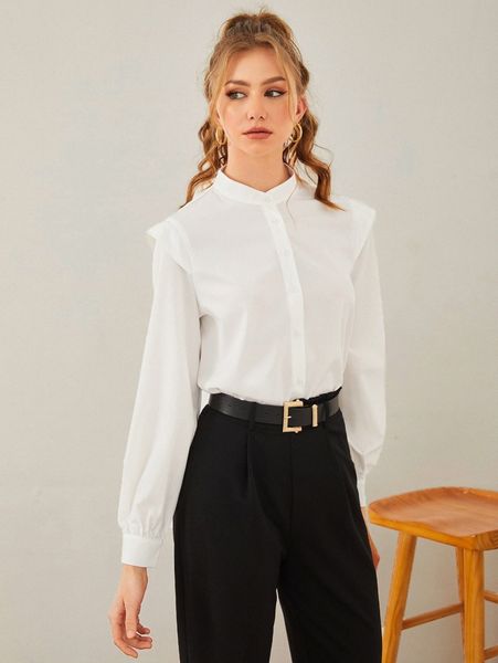 

solid mock neck blouse l3wa#, White