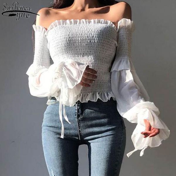 

spring fashion women long sleeve off shoulder cropped solid color pleated bow blouse ladies shirt lace up corset 12813 220810, White